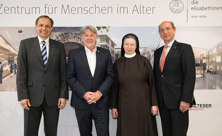 Im Bild v.l.n.r.: Mag. Martin Steiner (Gesch?ftsf?hrer Franziskus Spital), Mag. Raimund Kaplinger (Gesch?ftsf?hrer Elisabethinen Linz-Wien), Sr. Barbara Lehner (Generaloberin und Gesch?ftsf?hrerin Elisabethinen Linz-Wien), DI Andreas Mensdorff-Pouill