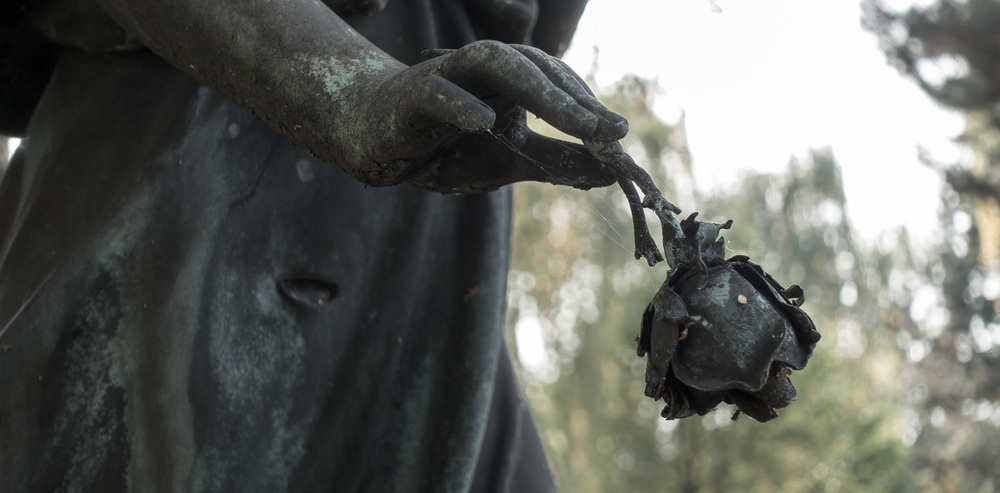 Engel mit einer Rose auf einem Friedhof / Erwin Wodicka - wodicka@aon.at Ein Engel auf einem Friedhof hält eine Rose zum Abschied in den Hand