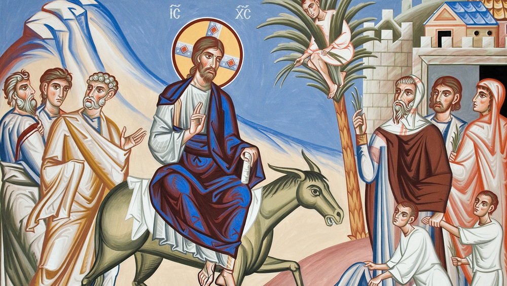 Einzug in Jerusalem / Rupprecht@kathbild.at, Franz Josef Rupprecht Einzug in Jerusalem - Palmsonntag, Jesus reitet auf einem Esel; Ikone, Wandmalerei in der russisch-orthodoxen Kathedrale; Zach?us