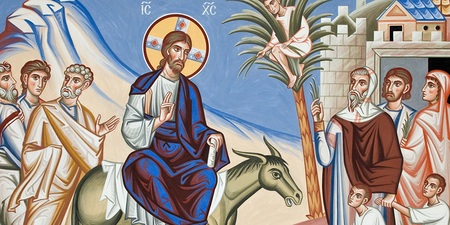 Einzug in Jerusalem - Palmsonntag, Jesus reitet auf einem Esel; Ikone, Wandmalerei in der russisch-orthodoxen Kathedrale; Zach?us