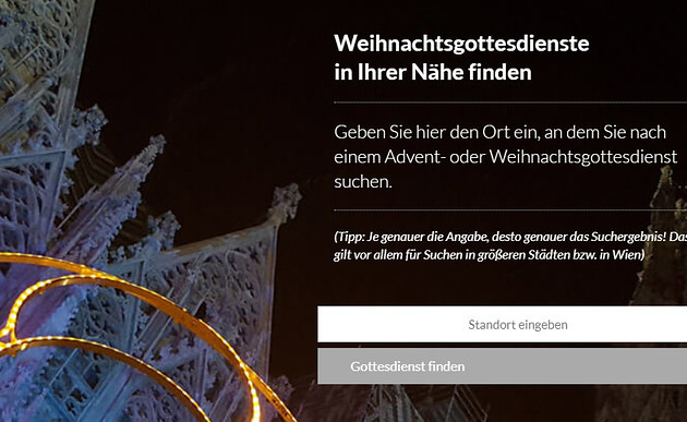 Neue Website www.weihnachtsgottesdienste mit über 6.500 Angeboten zu Weihnachten / weihnachtsgottesdienste.at / Screenshot